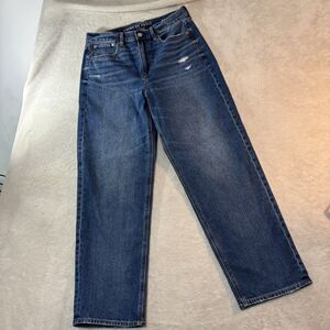 American Eagle Jeans Womens 10R Super High Rise Baggy Straight Boho Blue Holes